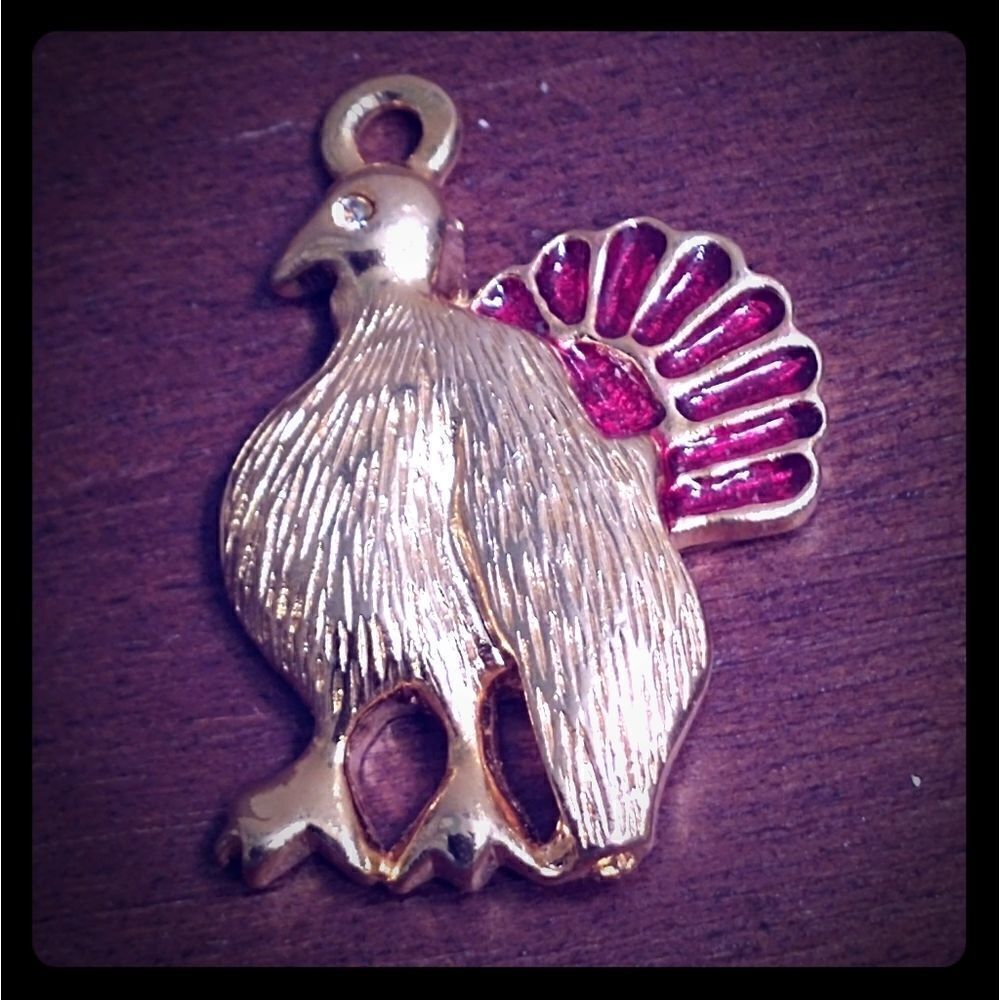 2 for $20 VTG Gold Red Enamel Turkey Pendant Charm